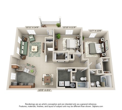 Floor plan for 2 beds, 2 baths, 1165 sqft